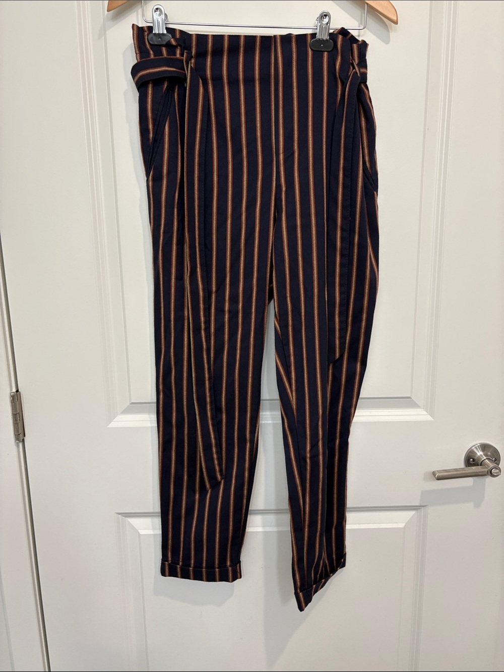 Zara Navy Paperbag Trousers with Rust & Cream Vertical Stripes Large